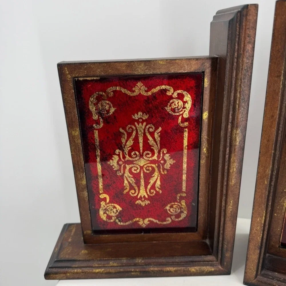 Kirklands Red Gold Bookends Set Ornate Baroque Wood Decorative‎ Shelf Pair